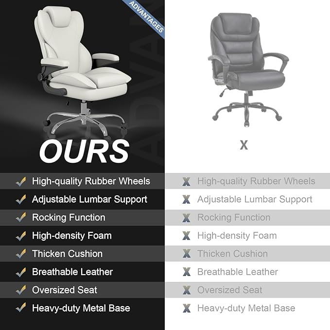 Office Chair, Home Desk Chair, Ergonomic Computer Chair with Lumbar Support, Executive Leather Chair with Flip-Up Armrests, Big and Tall Swivel Rolling Chair, White