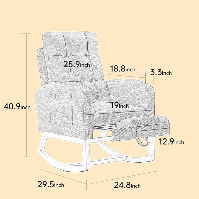 40" Fabric Nursing Rocking Chair, Nursery Chairs with Adjustable Foot Rest, High Backrest Upholstered Arm Chair with Side Pockets, Wood Rocking Chair for Living Room, Bedroom, Baby Room (Cyan 1)