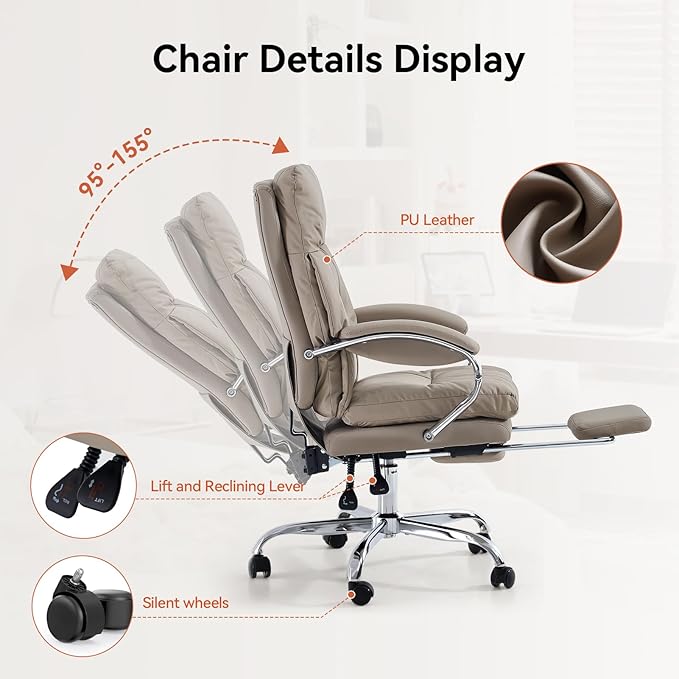 LEAGOO Office Chair with Foot Rest, Executive Reclining Office Chairs with Arms, Ergonomic High Back PU Leather Comfy Swivel Computer Desk Chairs with Wheels and Lumbar Support for Home Office, Tan