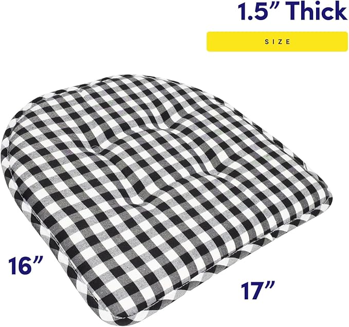 Sweet Home Collection Chair Cushion Memory Foam Pads Tufted Slip Non Skid Rubber Back U-Shaped 17" x 16" Seat Cover, 6 Pack, Checkered Black/White, Pack of 6