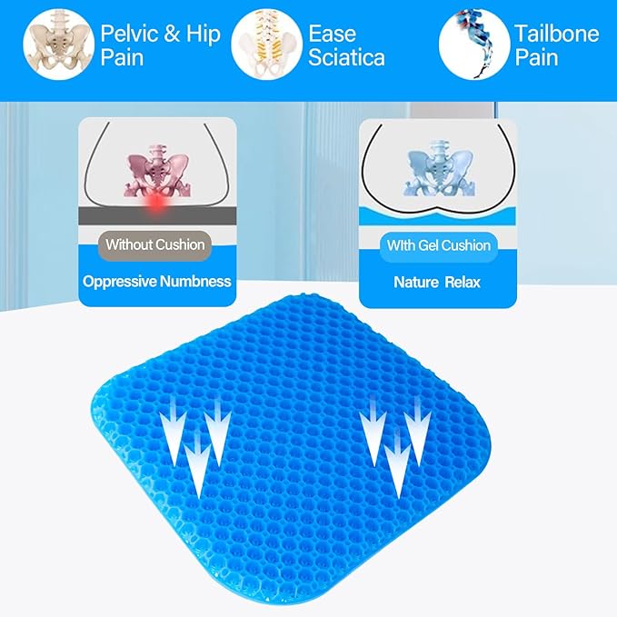 Shouken Large Gel Seat Cushion for Long Sitting with Non-Slip Cover - 18 x 17 Inches, Soft & Breathable, Gel Chair Cushion for Wheelchair, Car, Desk, Home, Hip Pain, Office Chair