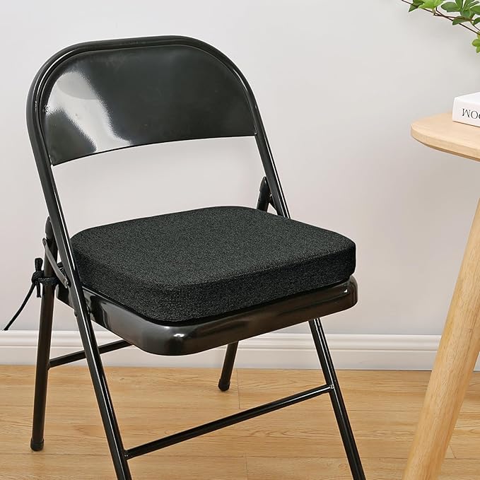 SINOSSO Memory Foam Chair Cushion for Folding Chair 1 Pcs, Thickened 2" Square Kitchen Chair Pad with Ties, Indoor Non-Slip Dining Chair Seat Cushion (1 Piece, Black)