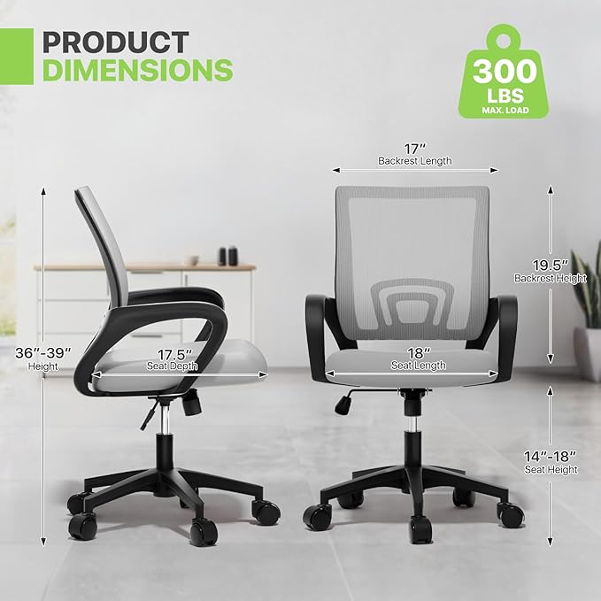 Magshion Ergonomic Office Desk Chair, Mid-Back Mesh Computer Chair, Swivel Chair with Breathable Backrest & Lumbar Support, Adjustable Height for Gaming, Work, Study, 300 Lbs Capacity, Light Gray