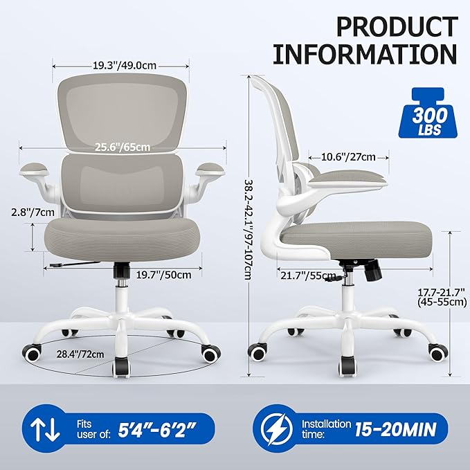 ALLGOD Office Chair Ergonomic Desk Chair, Breathable Mesh Desk Chair Comfy with Lumbar Support, Flip-up Armrests, Computer Chairs Comfortable for Home, Office, Work, Standard, 300Lbs