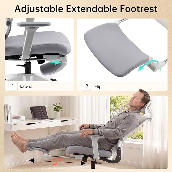 Foldable Office Chair with Foot Rest, Ergonomic Office Chair with Adjustable Lumbar Support, Headrest, Armrest, Home Office Desk Chairs for Space Saving, Grey