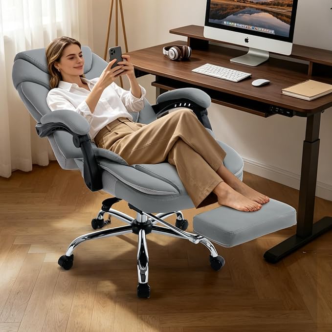 400lbs Ergonomic Reclining Office Desk Chairs with Footrest Back Support High Back Wide Seat Napping Recliner Executive Office Chairs PU Leather Big Tall Managerial Chairs (Grey)
