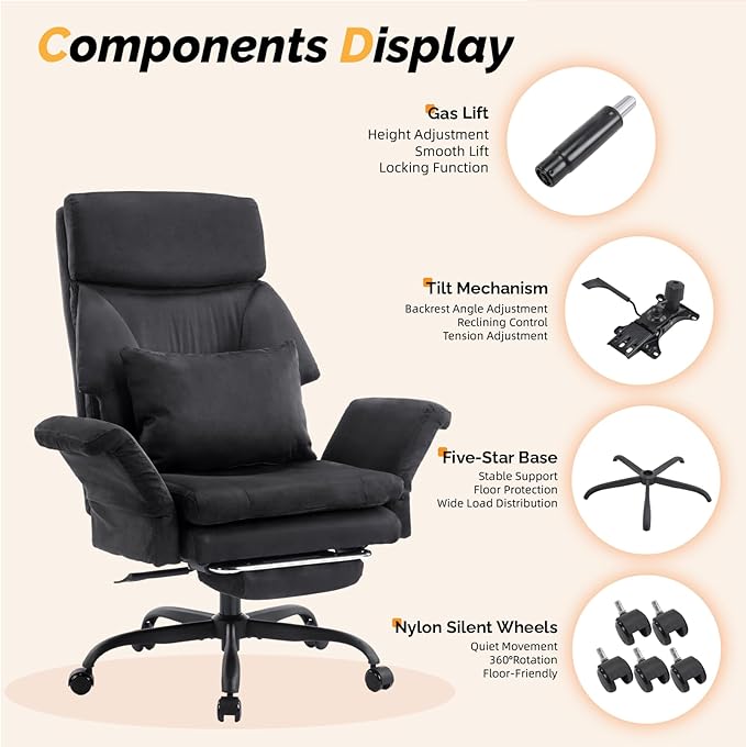 VINGLI 100-130° Reclining Tall Office Chair with Foot Rest & Adjustable Armrests, Ergonomic Criss Cross Chair with Wheels & Headrest, Comfy Wide-Seat Gamer Chair for the Heavy, Microfiber, Black