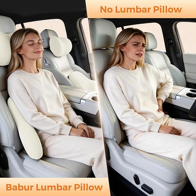 BABUR Lumbar Support Pillow for Car, Ergonomic Memory Foam Support Pillow for Lower Back Pain Relief, Washable Cover, Lumbar Cushion for Driving Seat, Fits Most Cars | Beige