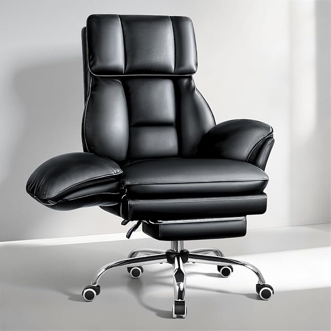 OFIKA Big and Tall Office Chair 400LBS,Flip Armrests for Pets & Cross Legged Sitting, Ergonomic Leather Executive Desk Chair with Foot Rest, Ergonomic High Back Leather Executive Chair, Black