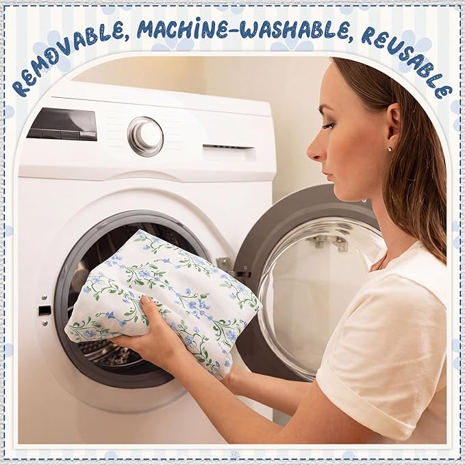 4 Pack Grandmillenial Chair Cushions for Dining Chairs 17" x 16" x 2" D-Shaped Breathable Blue and White Floral Linen Kitchen Chair Pads with Ties Washable Non Slip Seat Cushion