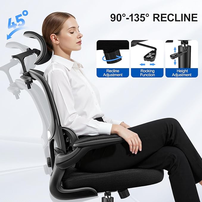 ALLGOD Ergonomic Office Chair, Mesh Desk Chair with Lumbar Support, High Back Home Office Chair with Adjustable Headrest and Flip-Up Arms, Comfortable Computer Chair, Thick Cushion, Black-6 Pack