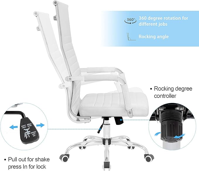 Ribbed Office High Back PU Leather Desk Adjustable Swivel Task Computer Chair with Armrest for Conference Study Leisure, White,KM-0022