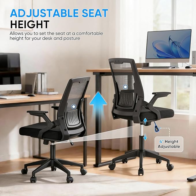 MoNiBloom Mid Back Mesh Office Chair with Flip-Up & Sliding Armrests, 18–22" Adjustable Seat Height, Ergonomic Desk Chair with Rocking Function, for Home Office, Black