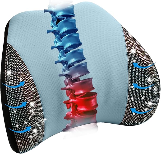 Lumbar Support Pillow with Diamond, Memory Foam Lumbar Pillow for Office Chair for Lower Back Pain Relief, Car Lumbar Support for Driving Seat, Back Support Pillow for car Chair(Blue)