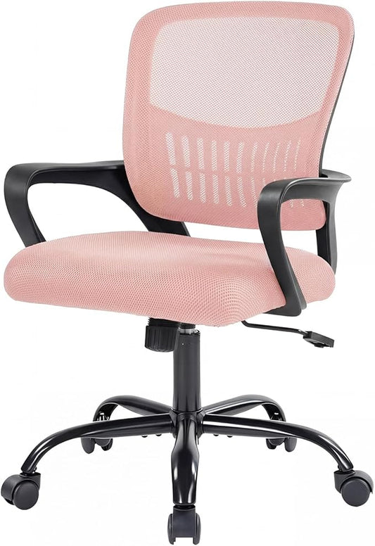 Sweetcrispy Home Office Managerial Executive Chair, Ergonomic Mesh Adjustable Swivel Mid-Back Computer Desk Chair with Comfortable Lumbar Support, Comfy Arms for Bedroom,Study, Blak&Pink