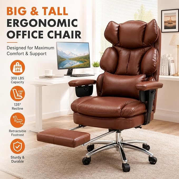 Big and Tall Ergonomic Office Chair with Footrest, Executive High Back PU Leather Desk Chair, Reclining Computer Chair with Adjustable Lumbar Support and Armrests, Swivel Rolling Gaming Chair, Brown
