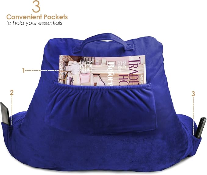 Clara Clark Reading Pillow with Shredded Memory Foam for Sitting Up in Bed and Couch, Back and Arms Adjustable Support for Adults & Teens Backrest Pillows for Reading, with Washable Cover Royal Blue