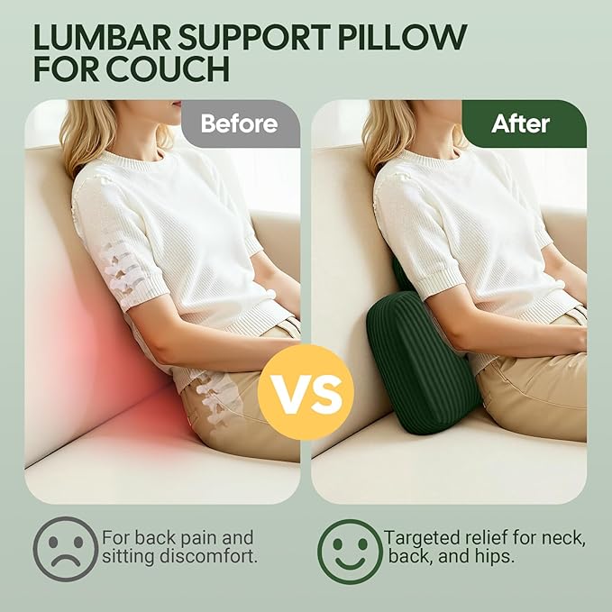 Lumbar Support Pillow for Recliner, Back Support Pillow for Office Chair, Ergonomic Corduroy Cloud pillow with Shredded Foam , Lower Back Pain Relief for Gaming Chair, Couch, Green