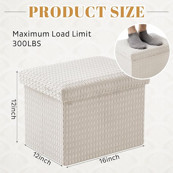 Thyle Storage Ottoman with Lid, Foldable Foot Rest Stool with Hidden Storage, Corduroy Ottoman for Living Room Bedroom Dorm Under Desk, 16x12x12 Inch(Beige)
