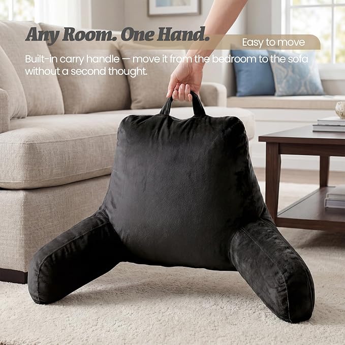 ACH Reading Pillow with Arms for Adults - Adjustable Memory Foam Bed Rest Pillow, Lumbar & Neck Back Support, Soft Velvet Cover Machine Washable, Deep Side Pocket & Carry Handle, Black