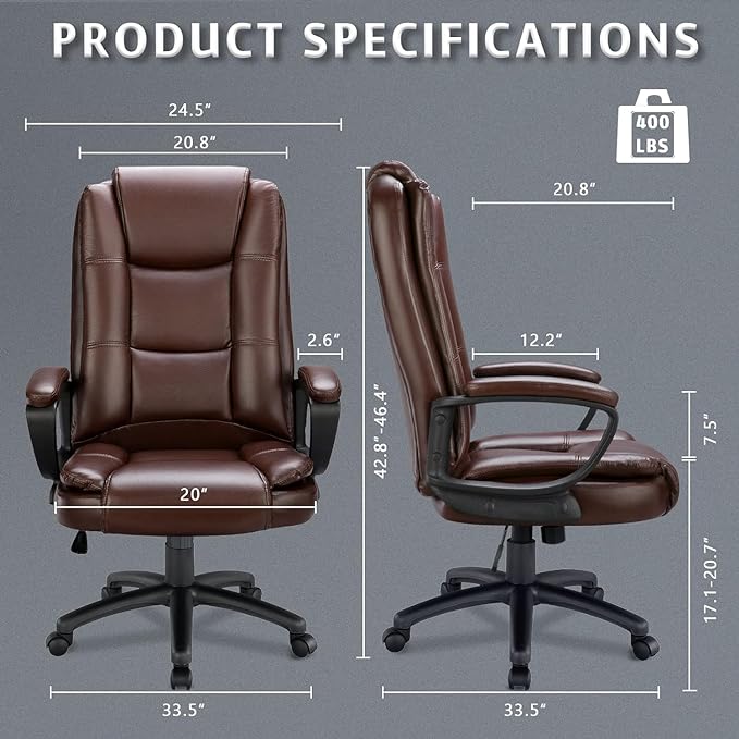 LEMBERI Office Desk Chair, Managerial Executive Chair, High Back Computer Chair, Ergonomic Height Adjustable PU Leather Chairs with Cushions Armrest for Long Time Sitting (Brown)