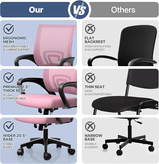 MoNiBloom Mesh Office Chair, Ergonomic Computer Chair for Adults, Rolling Swivel Mid-Back Desk Chair with Lumbar Support, Comfy Armrest for Home Office, Gaming, Pink 20 Pack