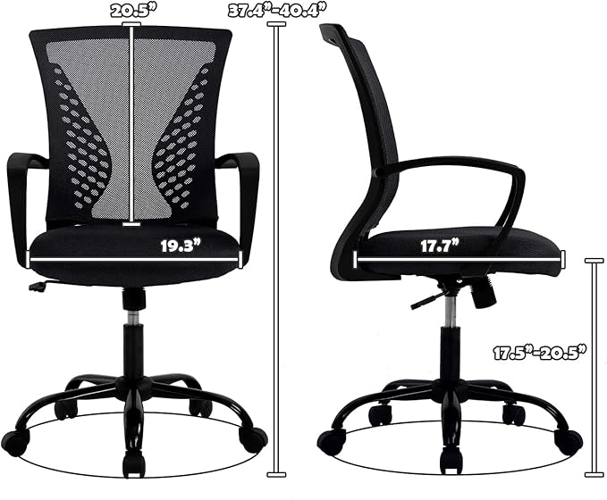 Ergonomic Office Chair with Lumbar Support - Adjustable Mesh Computer Chair for Home Office, Mid Back Swivel Task Chair with Arms, Breathable & Comfortable for Long Hours Work (Black)