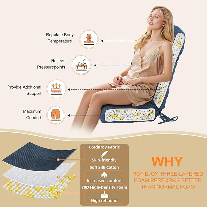 Rocking Chair Cushion - Corduroy Fabric, High-Density Sponge, Durable Comfort Non-Slip Bottom Tufted Seat Pads with Ties, Corduroy︱Dark Blue, 44x19x4 inch