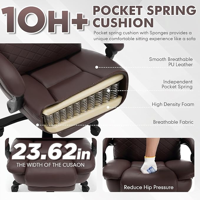 500lbs Plus Size Office Chair with Lumbar Support, PU Leather Big and Tall Heavy Duty Reclining Office Desk Chair with Foot Rest, Brown