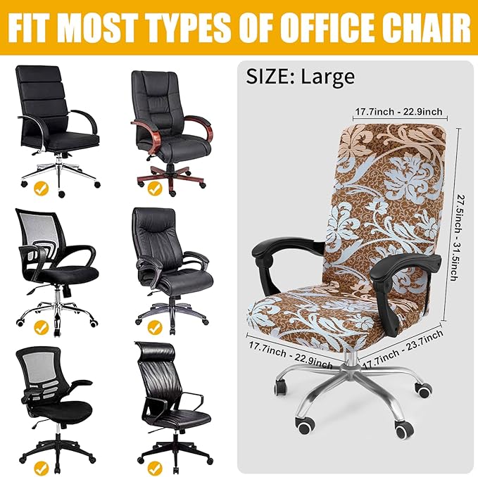 Smiry Stretch Printed Office Computer Chair Covers, Universal Desk Rotating Chair Slipcovers Removable Washable, Soft Fit Anti-Dust Spandex Protector Cover with Zipper, Brown and Blue