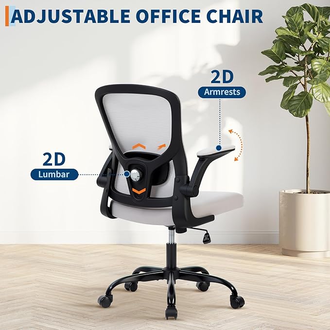 Premium Ergonomic High-Grey Mesh Office Chair - Adjustable Height, Flip-Up Armrests & Lumbar Support - Comfy Swivel Seat for Home, Gaming & Work - Black Net