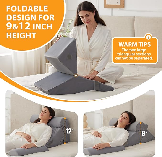 Ruqmuis 3PCS Wedge Pillow Set for After Surgery, Adjustable 9&12 Inch Bed Wedge Pillow for Sleeping, Incline Pillow Wedge for Headboard, Post Surgery, Acid Reflux, Neck&Back Support, Velvet