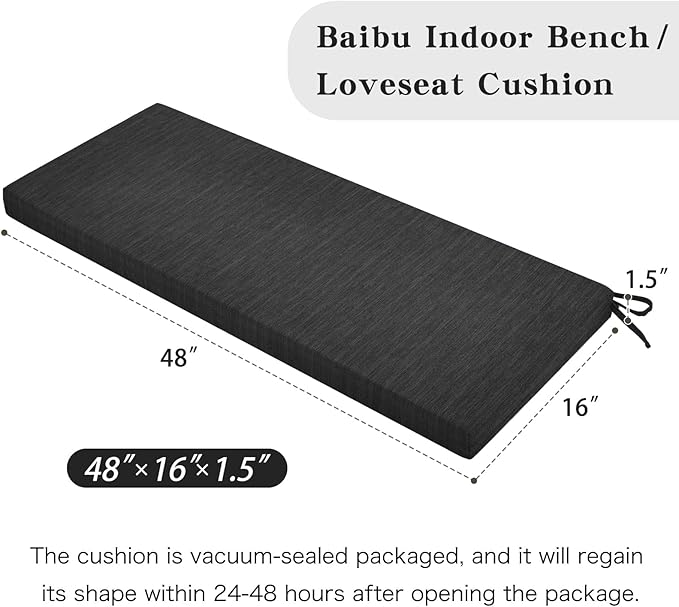 baibu 48 Inch Classic Solid Color Bench Cushion with Ties, Non-Slip Indoor Outdoor Rectangle Bench Seat Cushion Standard Size Foam Pad with Machine Washable Cover (Black, 48x16x1.5in)