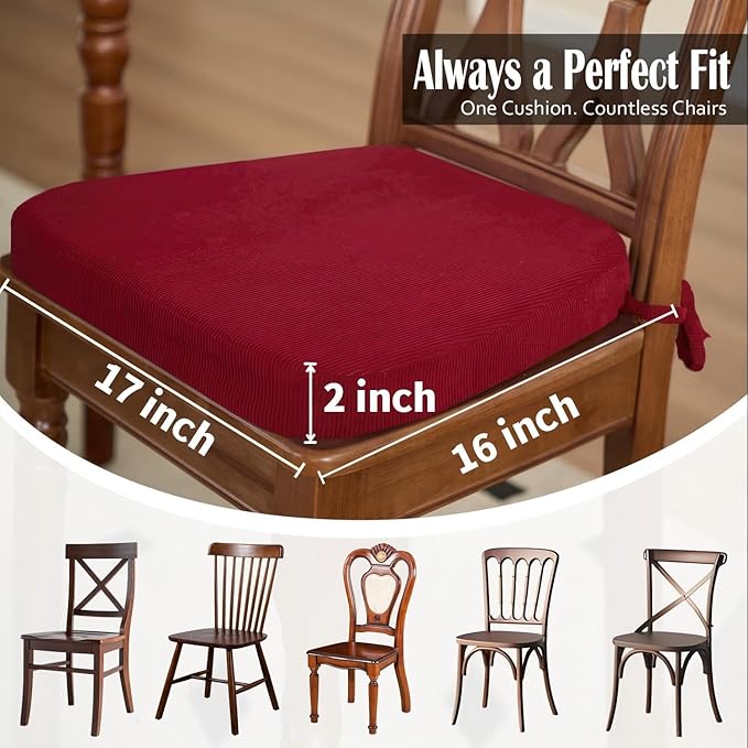 2'' Thick High-Density Foam Indoor Chair Cushions | Dining Chair Pads with Ties, Removable Washable Cover, Kitchen Chair Cushions 17"x16", Wine Red 4 Pack