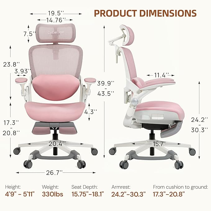 CabLady S2 Petite Ergonomic Office Chair for Women, Small Frame Desk Chair with Adjustable Lumbar, Headrest & Footrest, Space-Saving Flip-Up Armrests