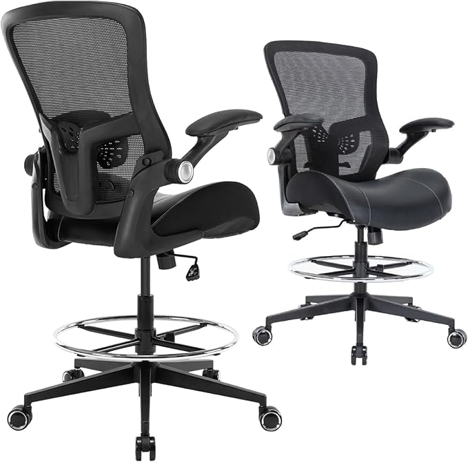 Drafting Chair, Tall Office Chair with PU Leather Seat, Standing Desk Chair Counter Height Office Chairs with 21.65'' Footrest Ring and Adjustable Lumbar Support Armrests Black
