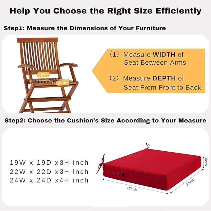 idee-home Outdoor Chair Cushions Set of 2, Waterproof Outdoor Seat Cushions for Patio Furniture, Outside Replacement Chair Pad with Ties for Lawn Deck Porch, 22 x 22 Red