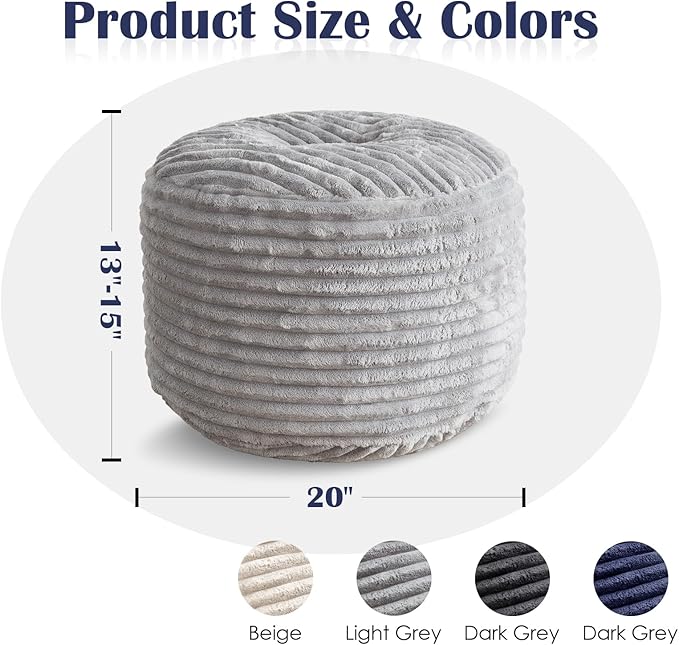 SHOUREN Stuffed Round Ottoman,Corduroy Pouf Ottoman Foot Rest with Foam Filling,Pouf Storage Ottoman Footstool for Living Room,20 X 15 Floor Poufs for Couch - 20 X 15 Inches,Light Grey