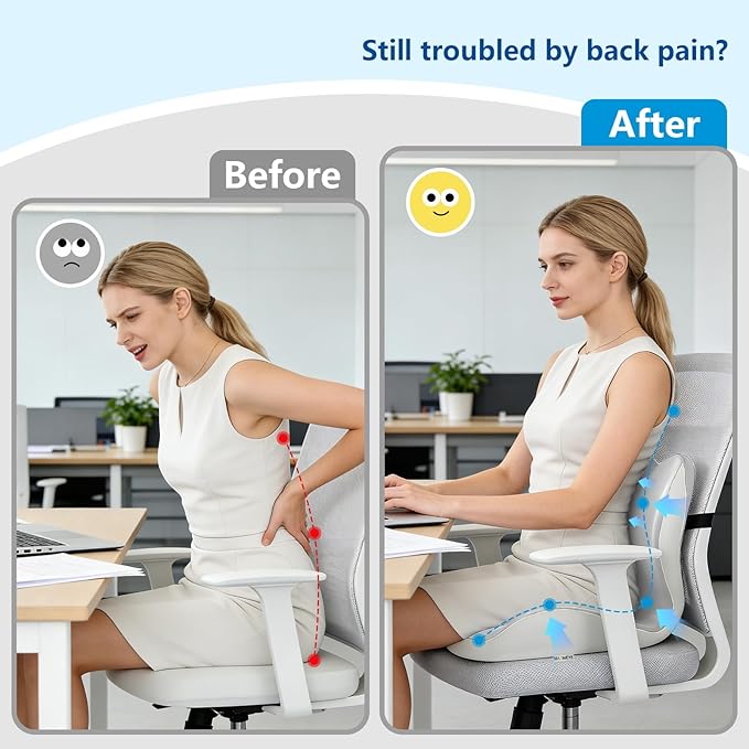 Orthopedic Memory Foam Seat Cushion with Adjustable Strap, Coccyx & Sciatica Pain Relief, Washable Non-Slip for Long Sitting, Ergonomic Posture Support for Office Chair, Car & Wheelchair (Light Grey)