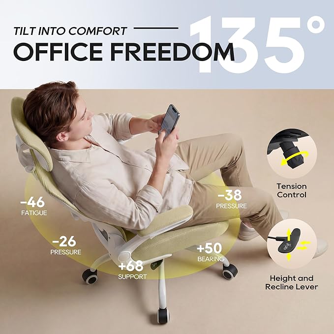 Office Chair, Ergonomic Mesh Desk Chair with Adjustable Lumbar Support and Headrest, Flip-up Armrests, High Back Computer Task Chair for Home and Executive Office (W-All Beige)