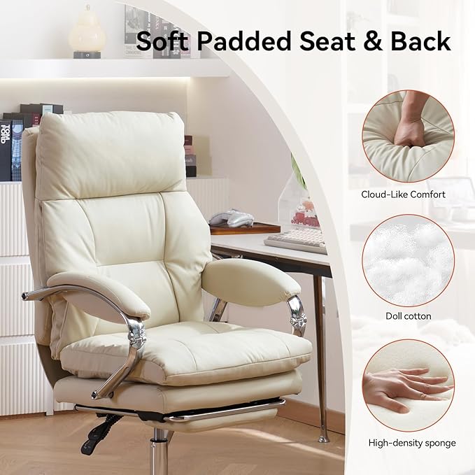 LEAGOO Office Chair with Footrest 155° Reclining Ergonomic High Back Desk Chair PU Leather Executive Computer Chair with Lumbar Support & Adjustable Arms Swivel Task Chair for Home Office, Cream White