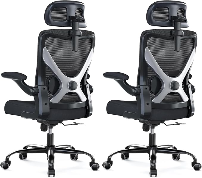 Ergonomic Office Chair - X-Shaped Computer Desk Chair Comfy, Gaming Chair, Office Chair with Lumbar Support, Mesh Office Chairs with Headrests, Desk Chair for Long Hours, Black Silver, Pack of 2