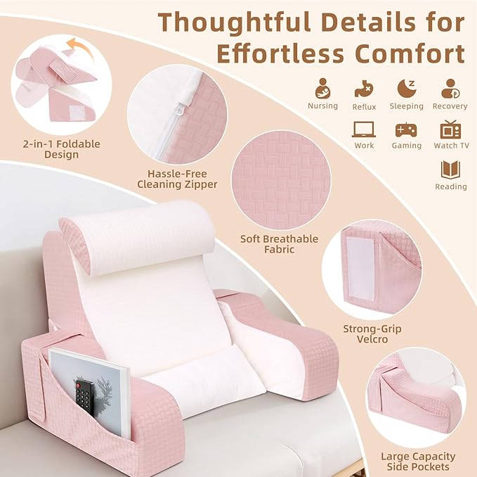 5PCS Reading Pillow for Sitting in Bed Adult, 2 in 1 Foldable Back Wedge Pillow for Sleep, Ergonomic Back Support Pillow with Arms for Watching TV, Gaming, Working, Recovery, 19” Pink