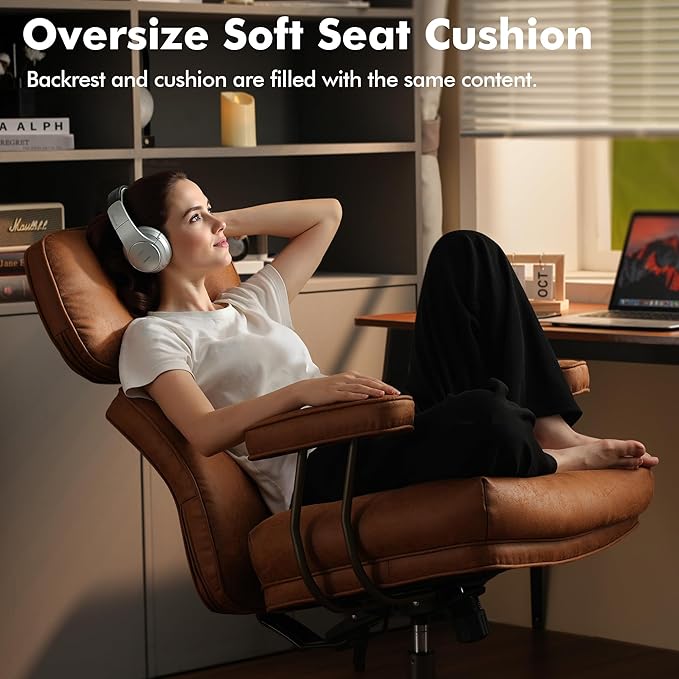 Brown Leather Home Office Chair, Ergonomic High Back Executive Chair with Deep Seat Thick Cushion, Mid Century Modern Big and Tall Computer Desk Chair with Lumbar Support (Light Brown Suede)