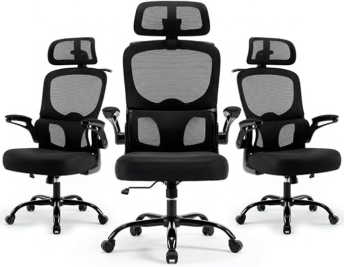 3PCS Ergonomic Office Chair Mesh Back Chairs - High Back Computer Chair with 3D Adjustable Headrest & Flip-up Arms, Comfort Desk Chair Lumbar Support for Home & Gaming