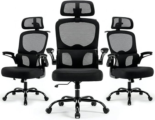 3PCS Ergonomic Office Chair Mesh Back Chairs - High Back Computer Chair with 3D Adjustable Headrest & Flip-up Arms, Comfort Desk Chair Lumbar Support for Home & Gaming