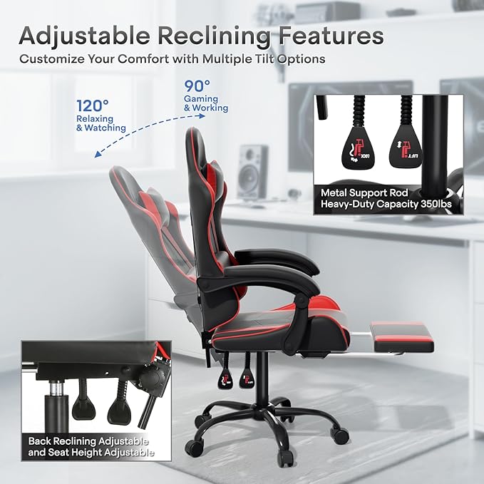 Athena Collection Ergonomic Gaming Chair with Footrest & Headrest Lumbar Support, Height Adjustable Swivel Office Chair Reclining Game Chair Leather High Back Computer Chair for Adults Kids, Red
