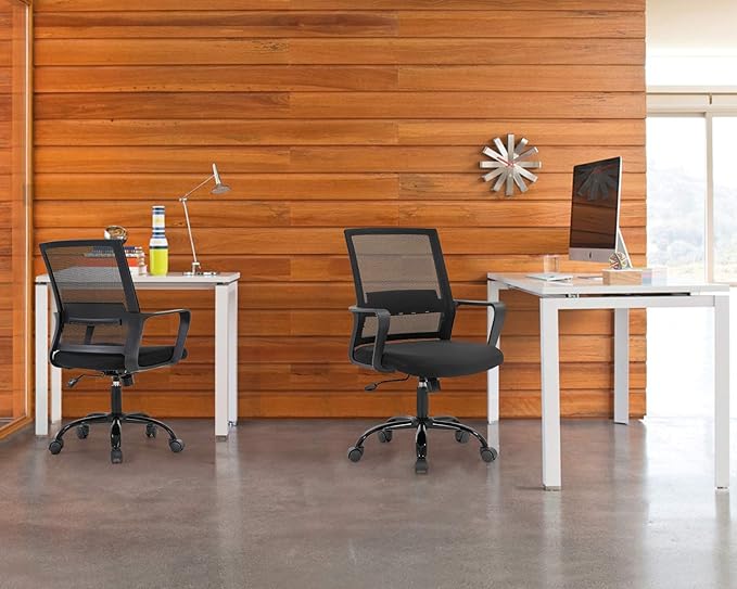 FDW Office Chair Ergonomic Desk Task Chair Mesh Computer Chair Mid-Back Mesh Home Office Swivel Chair Modern Executive Chair with Wheels Armrests Lumbar Support, Black
