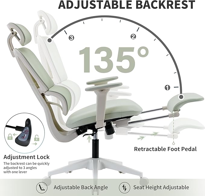 Ergonomic Office Chair with Footrest, 90-135° Reclining High Back Desk Chair with Lumbar Support, 2D Headrest, 2D Armrests, Computer Chair for Long Hours, Green