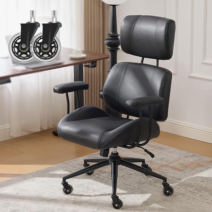 Office Chair, Ergonomic Computer Chair with Adjustable Headrest and Lumbar Support, Executive Leather Chair with Padded Arms, High Back Desk Chairs for Long Hours Sitting, Black